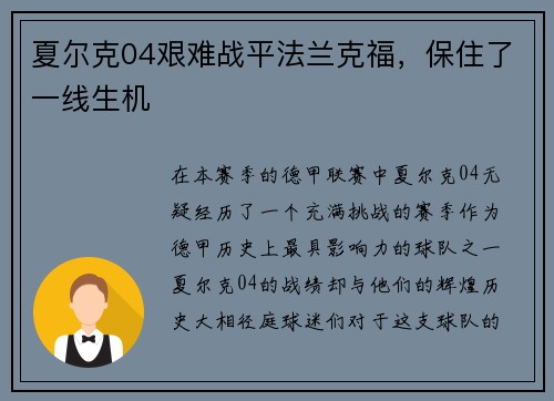 夏尔克04艰难战平法兰克福，保住了一线生机