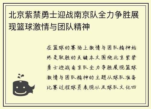 北京紫禁勇士迎战南京队全力争胜展现篮球激情与团队精神