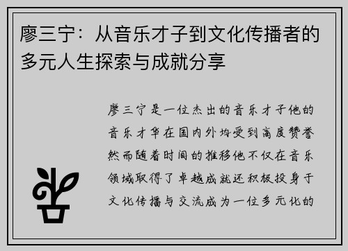 廖三宁：从音乐才子到文化传播者的多元人生探索与成就分享